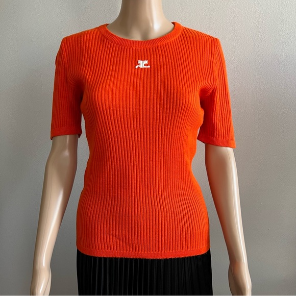 Vintage Andre Courreges Paris Orange Ribbed Short Sleeve Crewneck Sweater SZ C - Picture 1 of 11